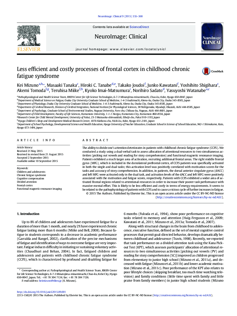 Less efficient and costly processes of frontal cortex in childhood chronic fatigue syndrome