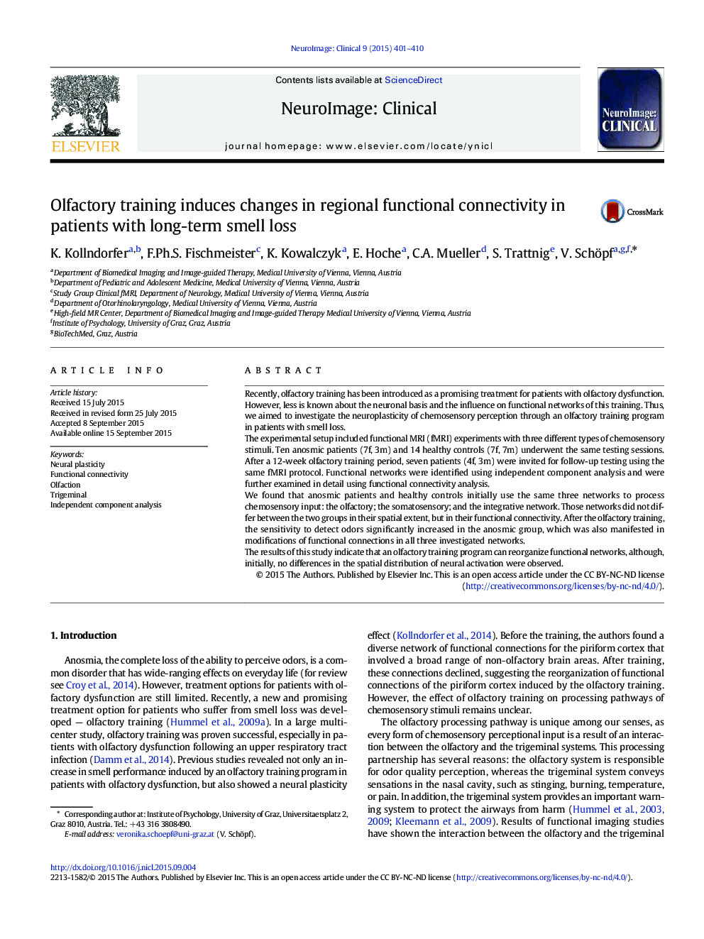 Olfactory training induces changes in regional functional connectivity in patients with long-term smell loss