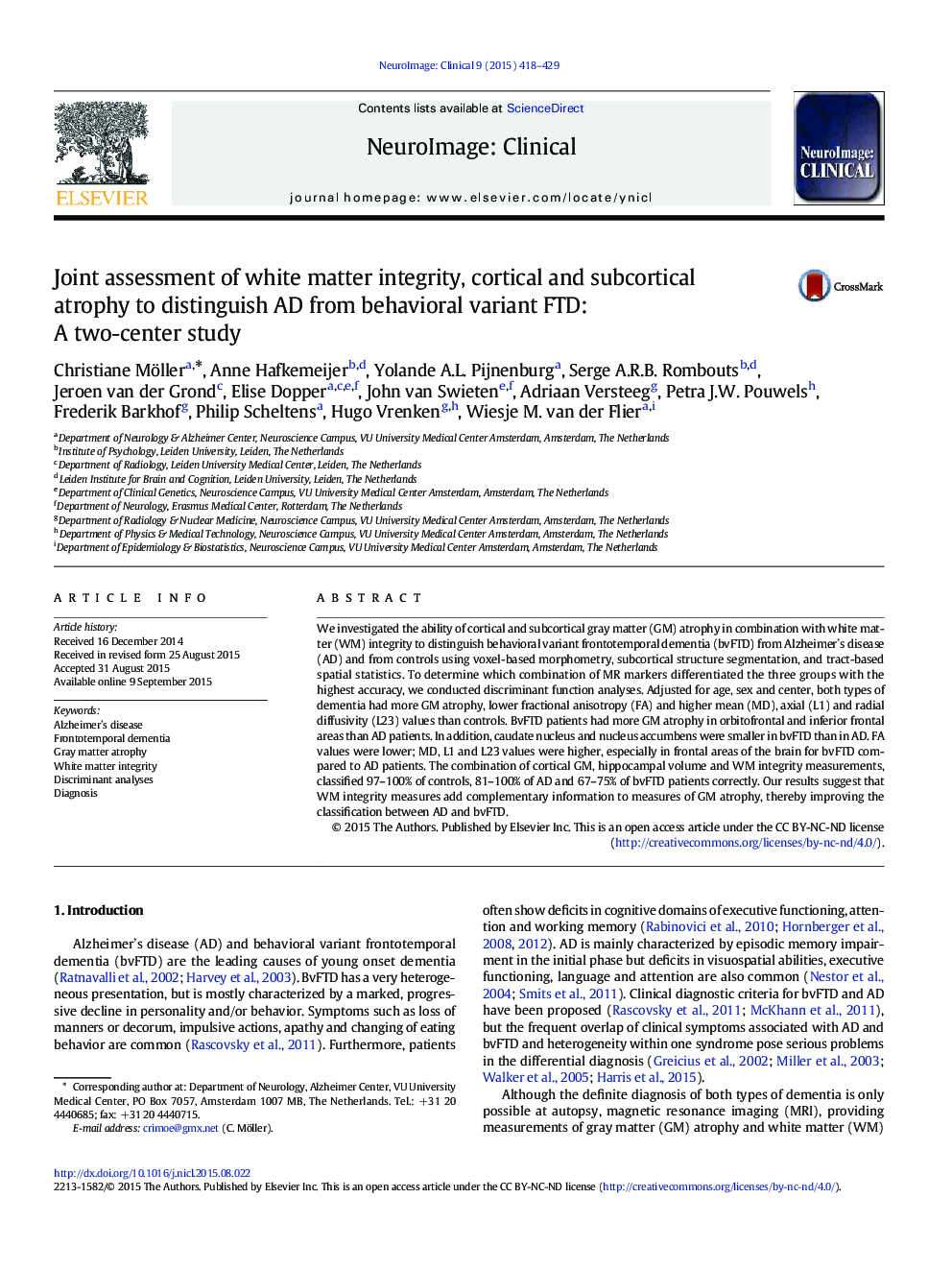 Joint assessment of white matter integrity, cortical and subcortical atrophy to distinguish AD from behavioral variant FTD: A two-center study