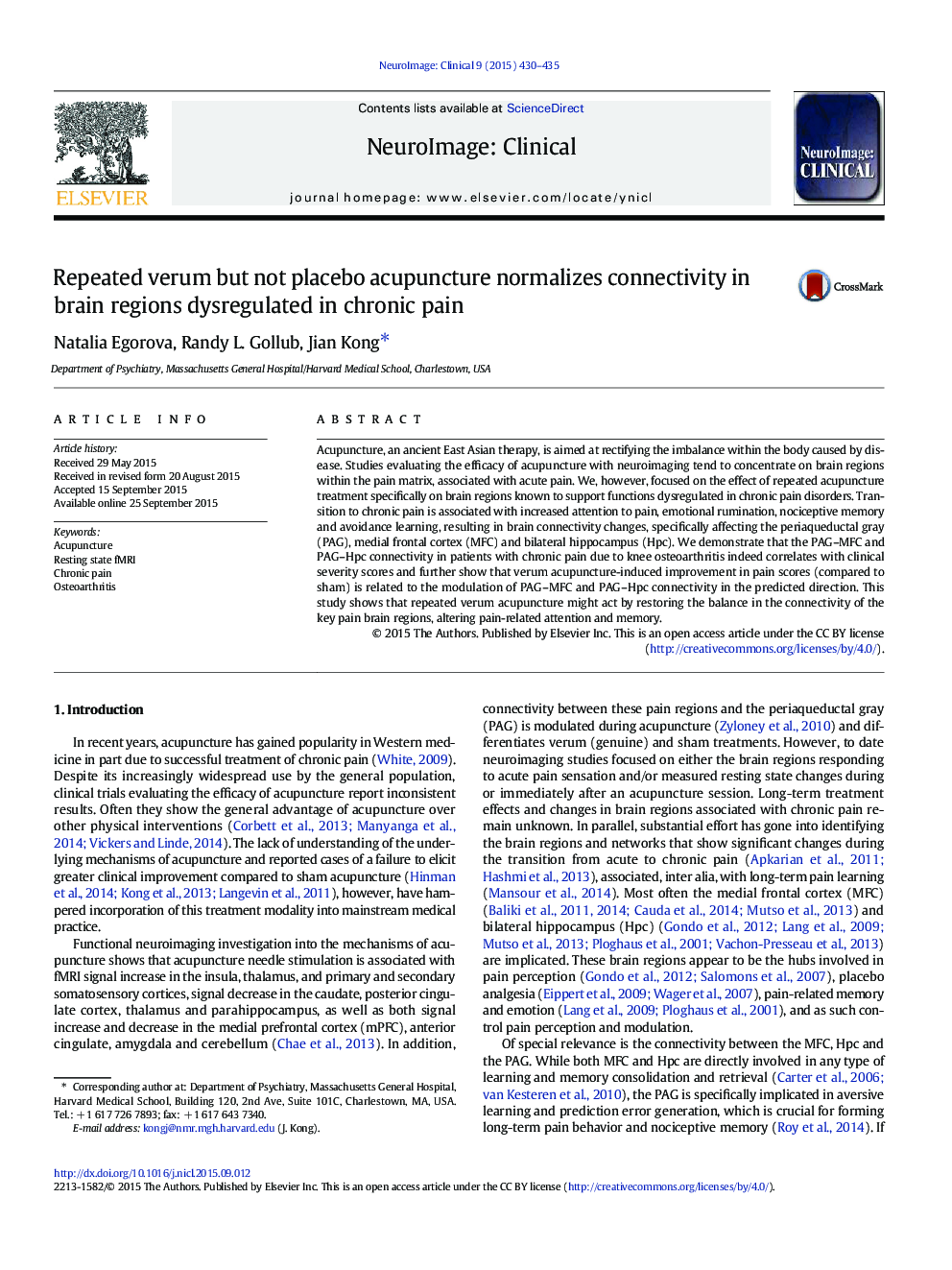 Repeated verum but not placebo acupuncture normalizes connectivity in brain regions dysregulated in chronic pain