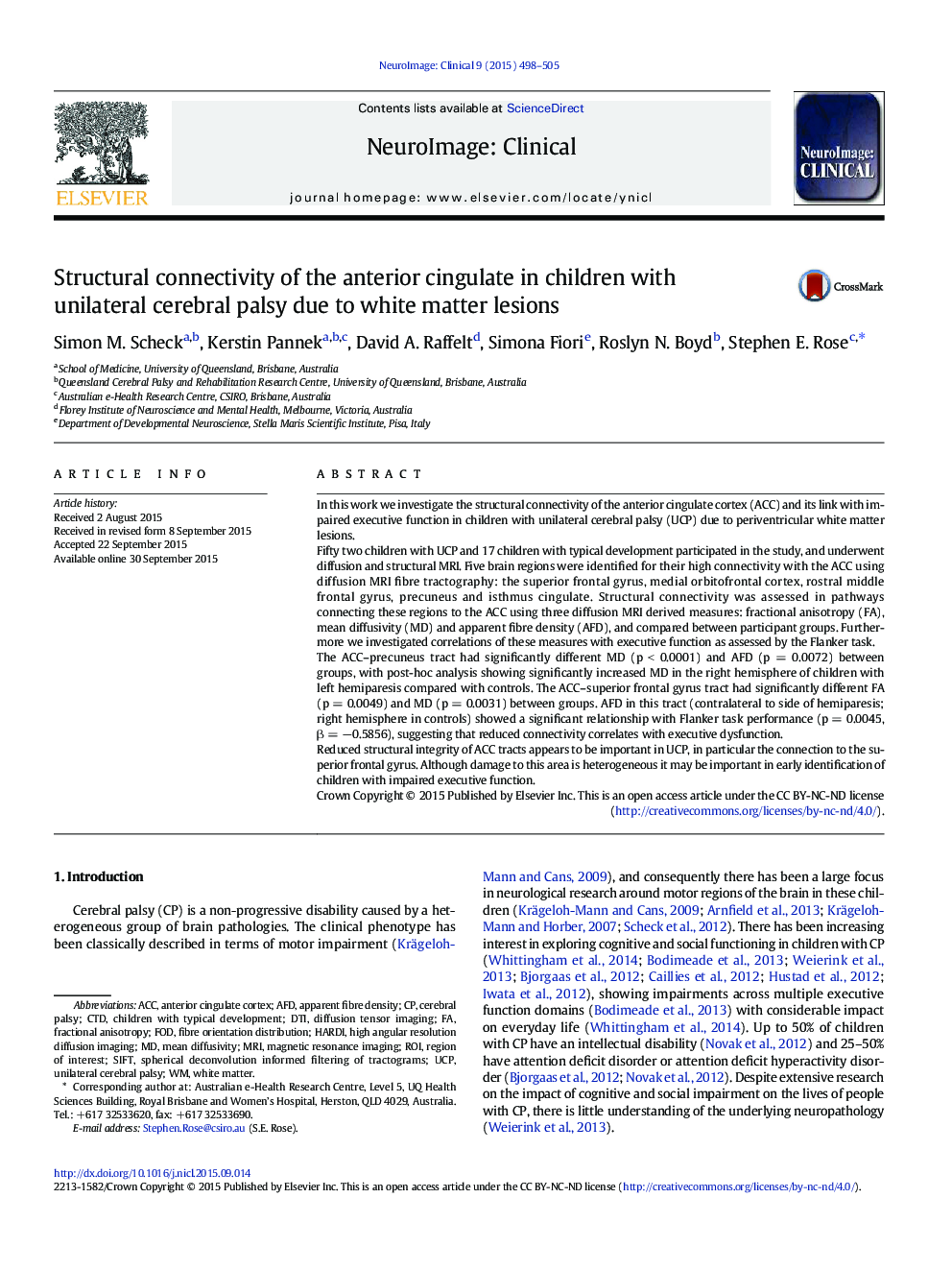 اتصال ساختاری سینگولات قدامی در کودکان مبتلا به فلج مغزی یک جانبه به علت ضایعات ماده سفید 