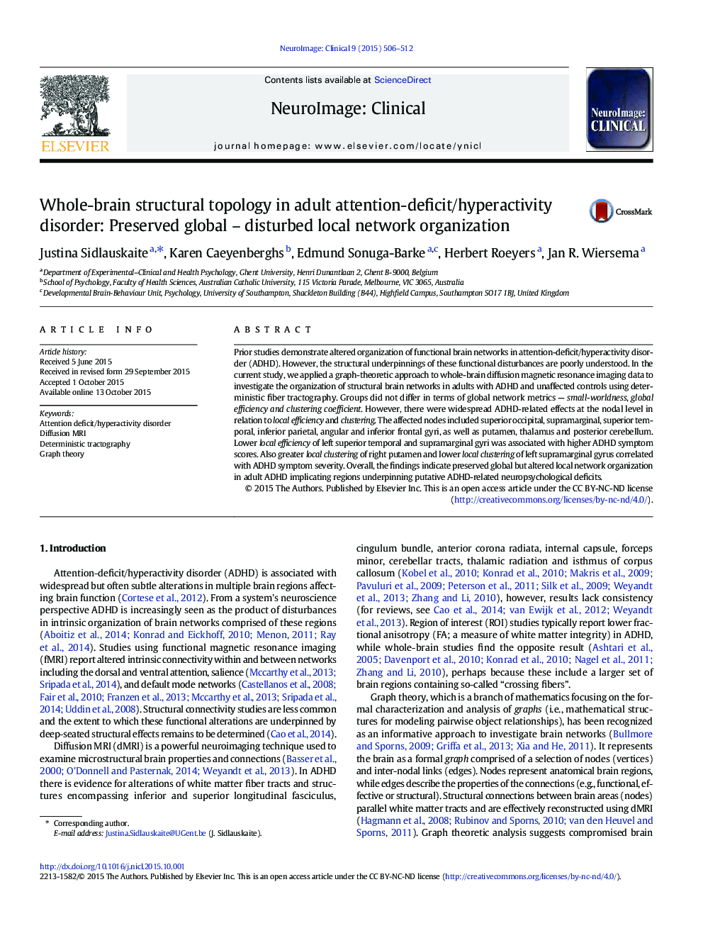 Whole-brain structural topology in adult attention-deficit/hyperactivity disorder: Preserved global – disturbed local network organization