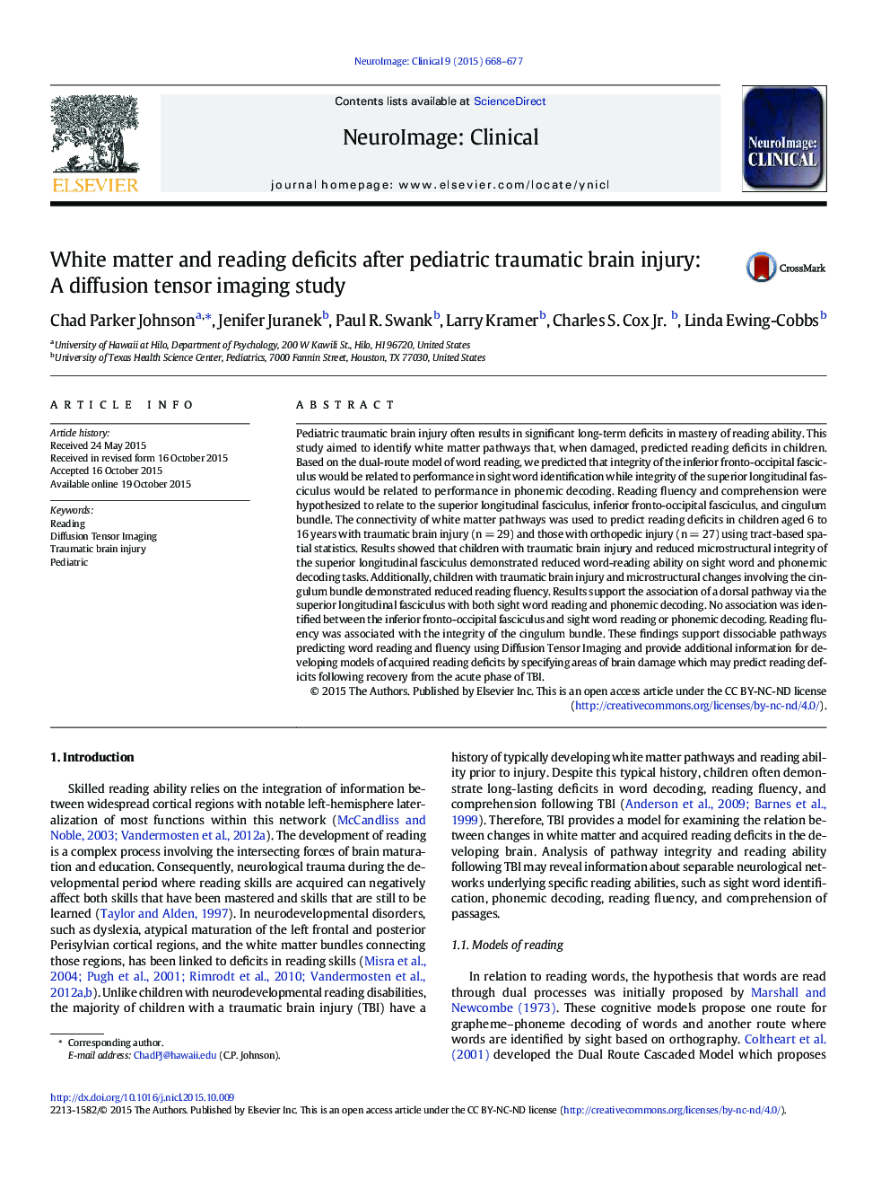 White matter and reading deficits after pediatric traumatic brain injury: A diffusion tensor imaging study