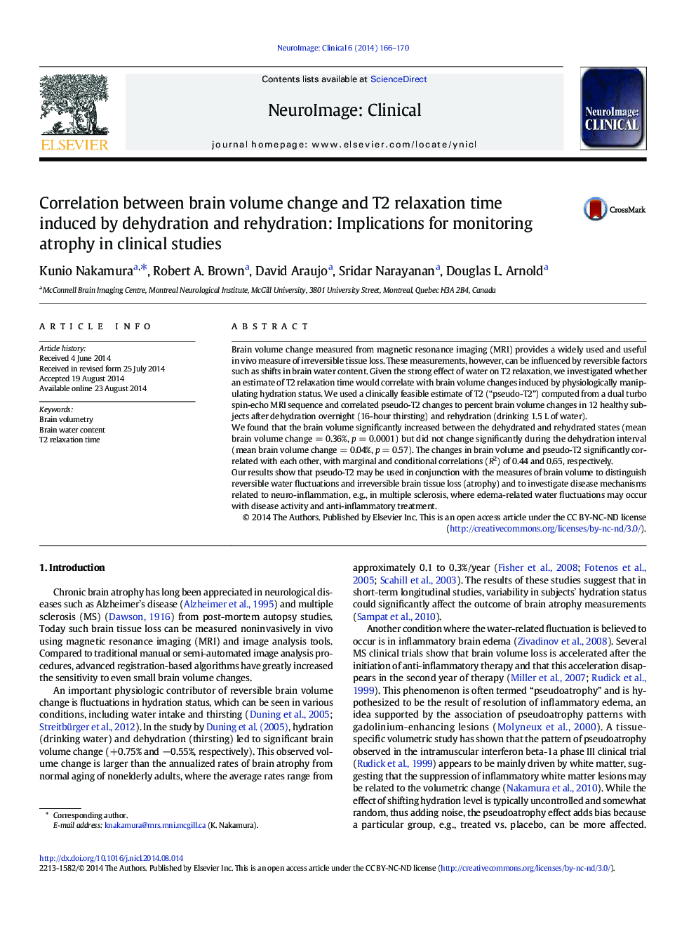 Correlation between brain volume change and T2 relaxation time induced by dehydration and rehydration: Implications for monitoring atrophy in clinical studies