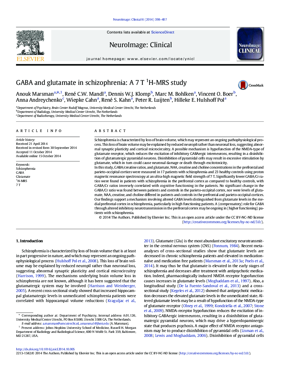 عکس صفحه اول مقاله: GABA and glutamate in schizophrenia: A 7 T 1H-MRS study GABA and glutamate in schizophrenia: A 7 T 1H-MRS study