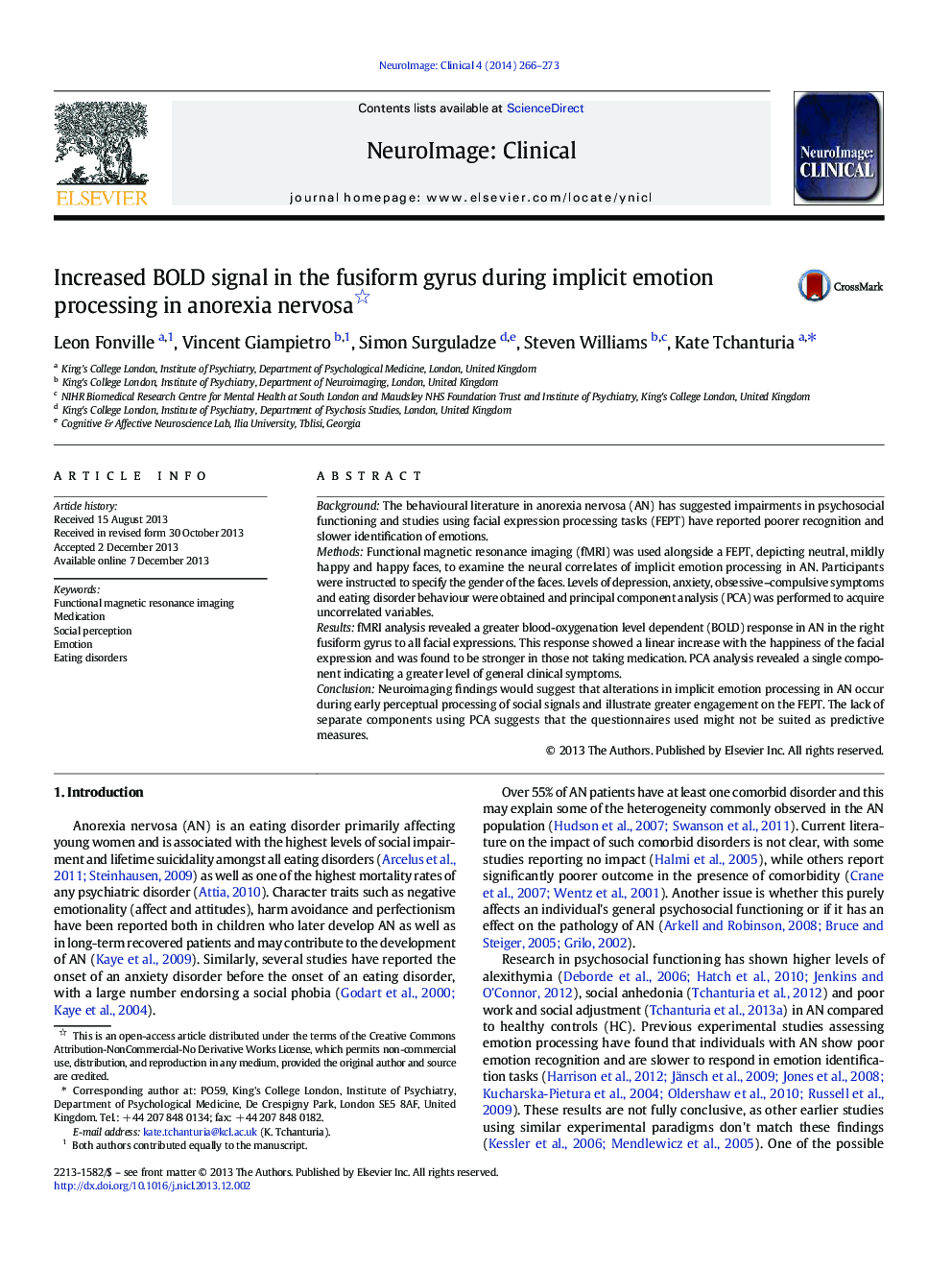 Increased BOLD signal in the fusiform gyrus during implicit emotion processing in anorexia nervosa 