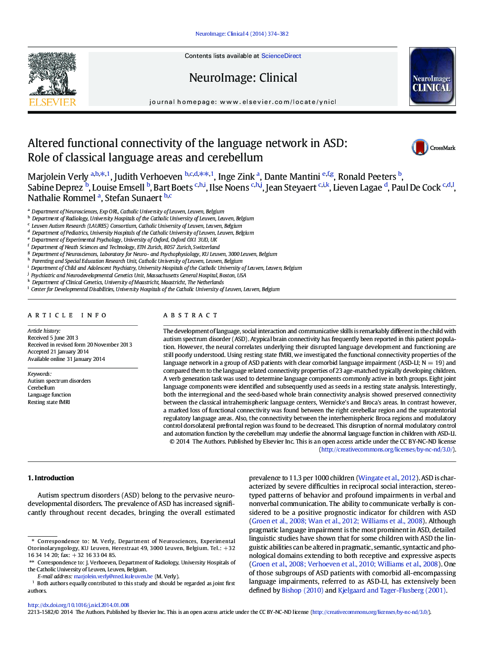 Altered functional connectivity of the language network in ASD: Role of classical language areas and cerebellum