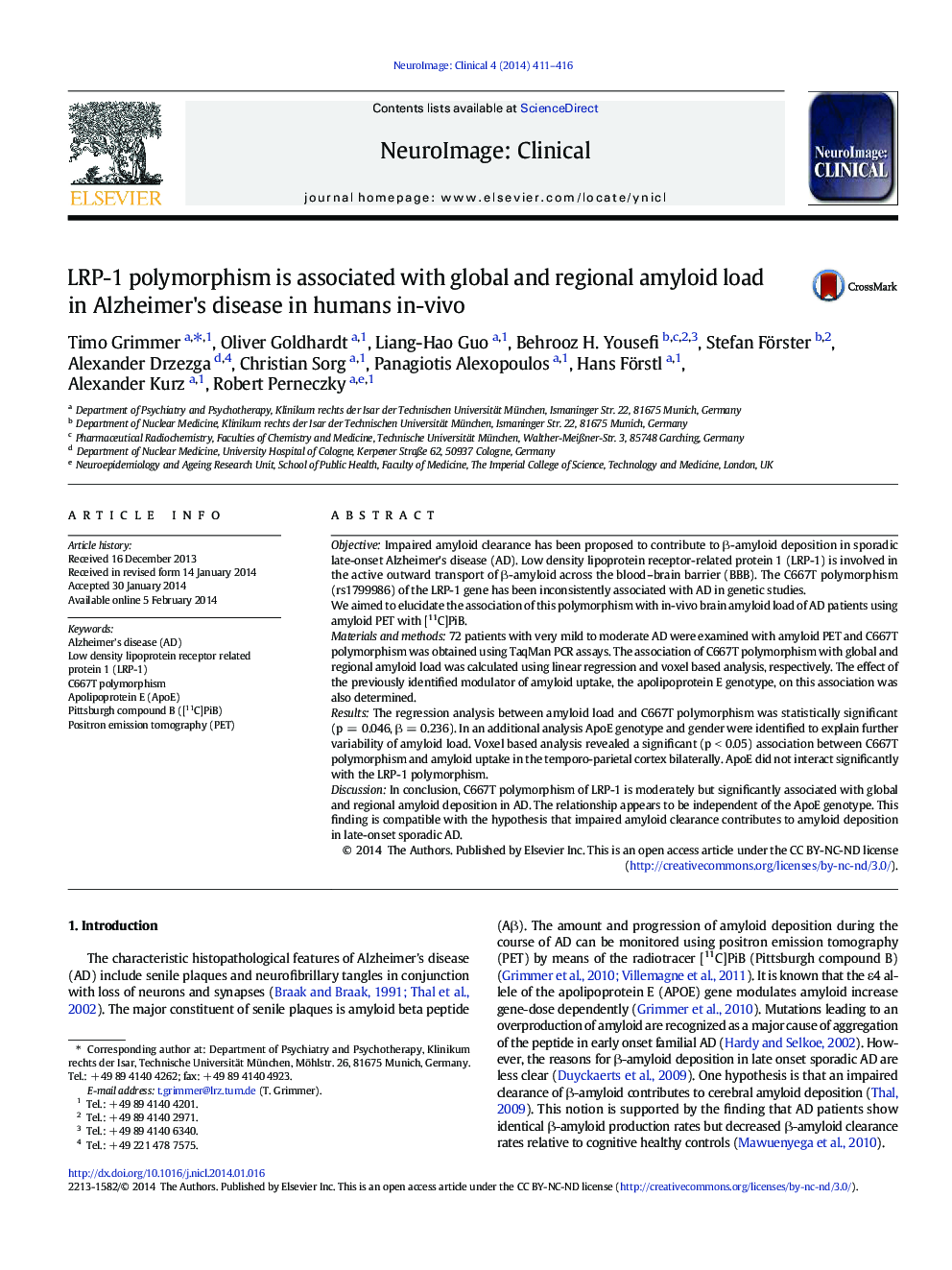 LRP-1 polymorphism is associated with global and regional amyloid load in Alzheimer's disease in humans in-vivo