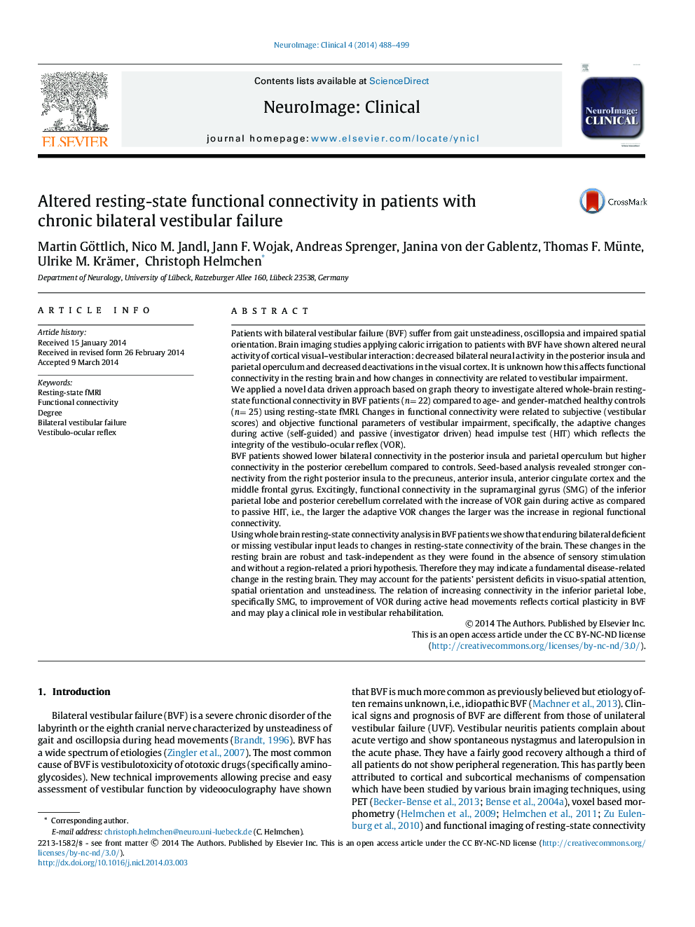 Altered resting-state functional connectivity in patients with chronic bilateral vestibular failure