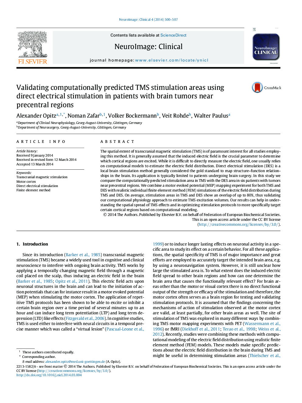 Validating computationally predicted TMS stimulation areas using direct electrical stimulation in patients with brain tumors near precentral regions