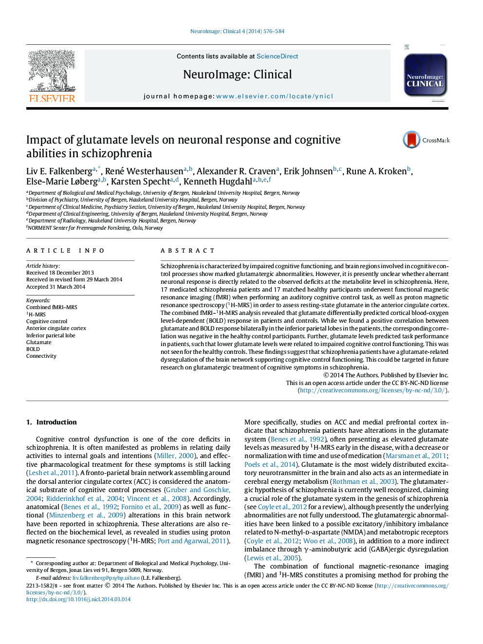 Impact of glutamate levels on neuronal response and cognitive abilities in schizophrenia