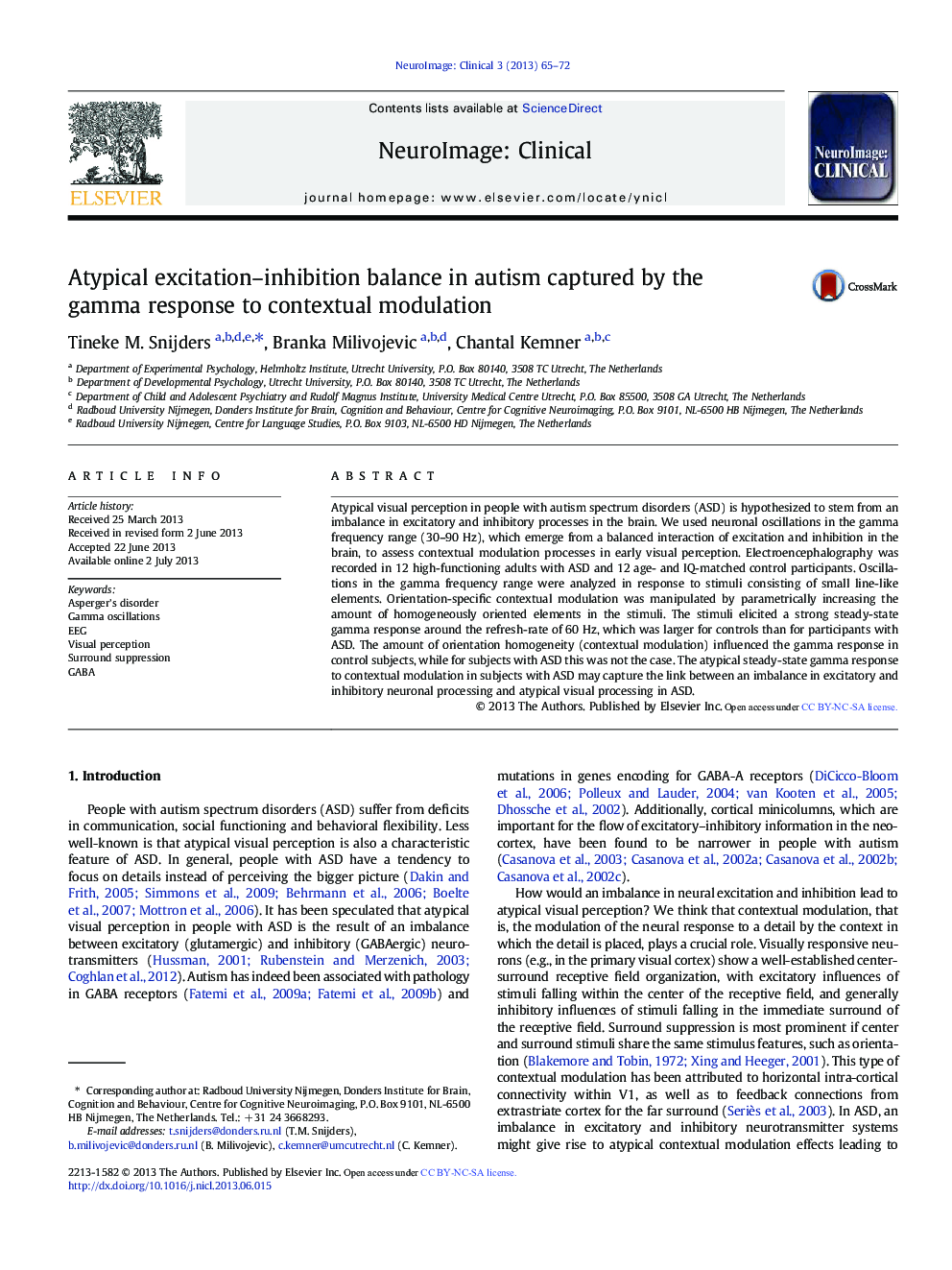 Atypical excitation–inhibition balance in autism captured by the gamma response to contextual modulation