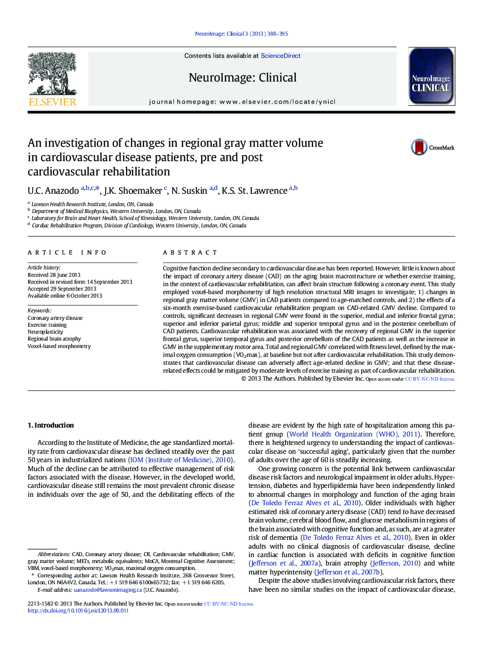 An investigation of changes in regional gray matter volume in cardiovascular disease patients, pre and post cardiovascular rehabilitation