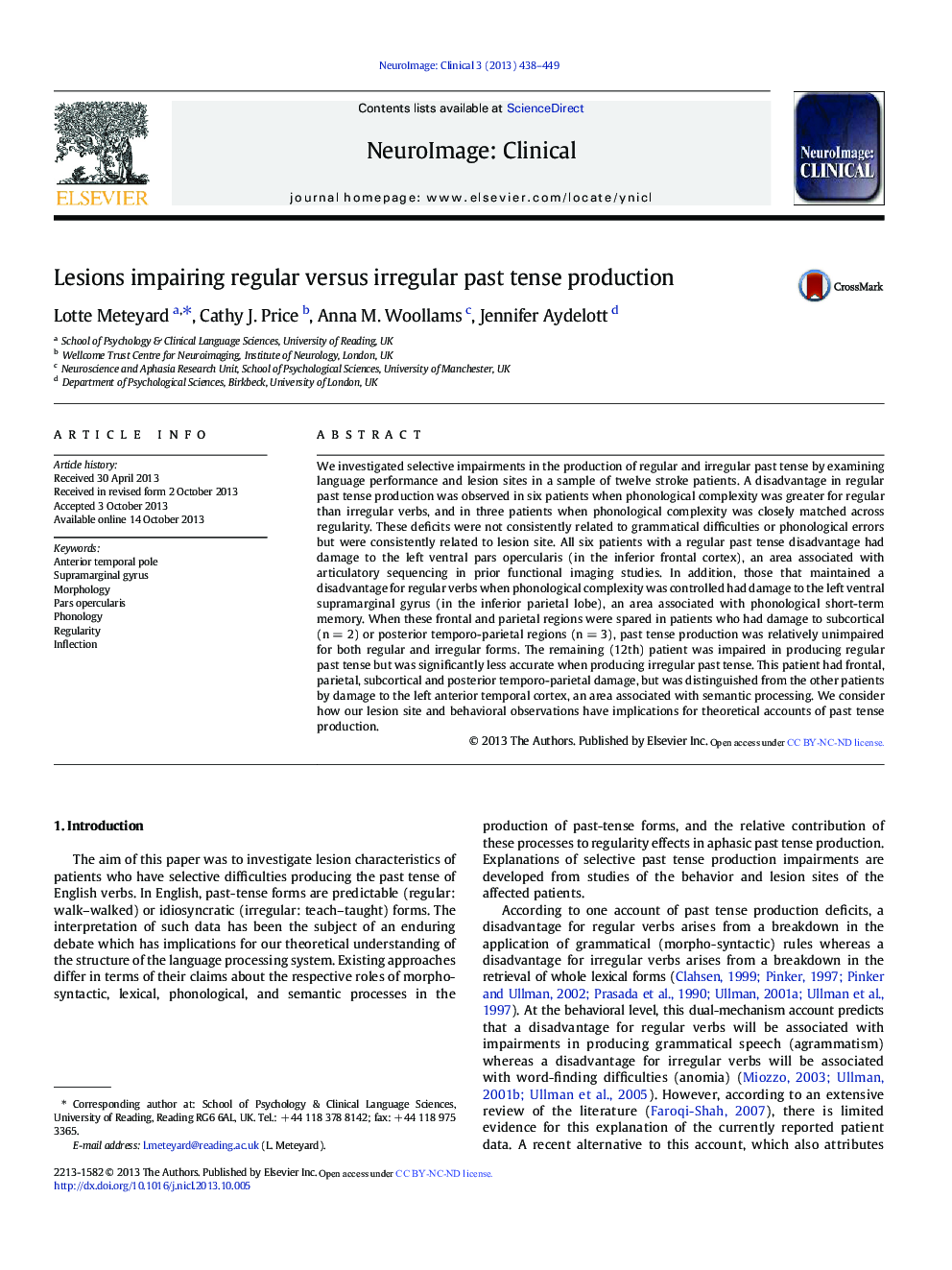 Lesions impairing regular versus irregular past tense production