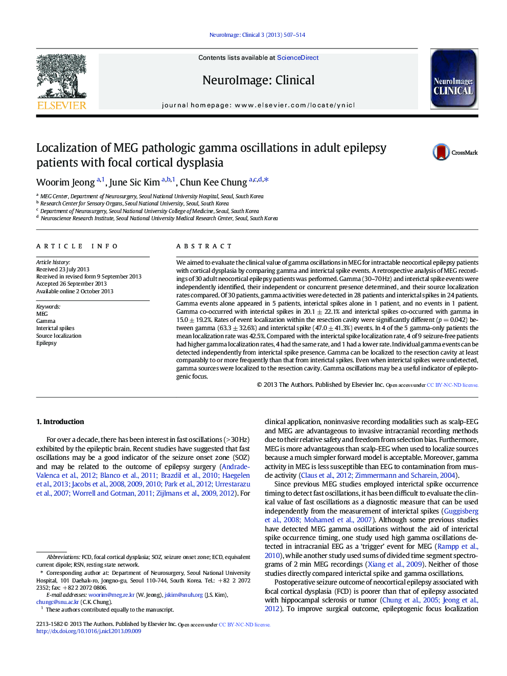 Localization of MEG pathologic gamma oscillations in adult epilepsy patients with focal cortical dysplasia