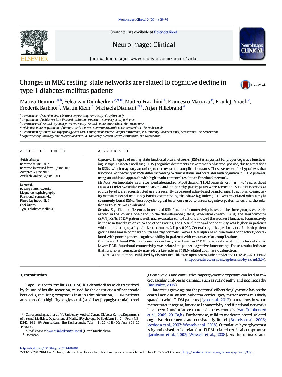 Changes in MEG resting-state networks are related to cognitive decline in type 1 diabetes mellitus patients