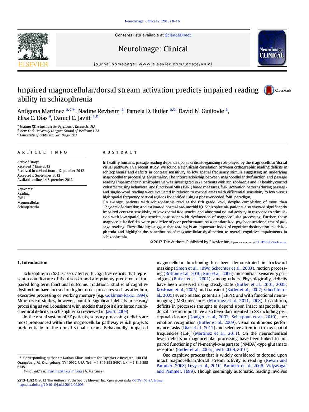 عکس صفحه اول مقاله: Impaired magnocellular/dorsal stream activation predicts impaired reading ability in schizophrenia Impaired magnocellular/dorsal stream activation predicts impaired reading ability in schizophrenia