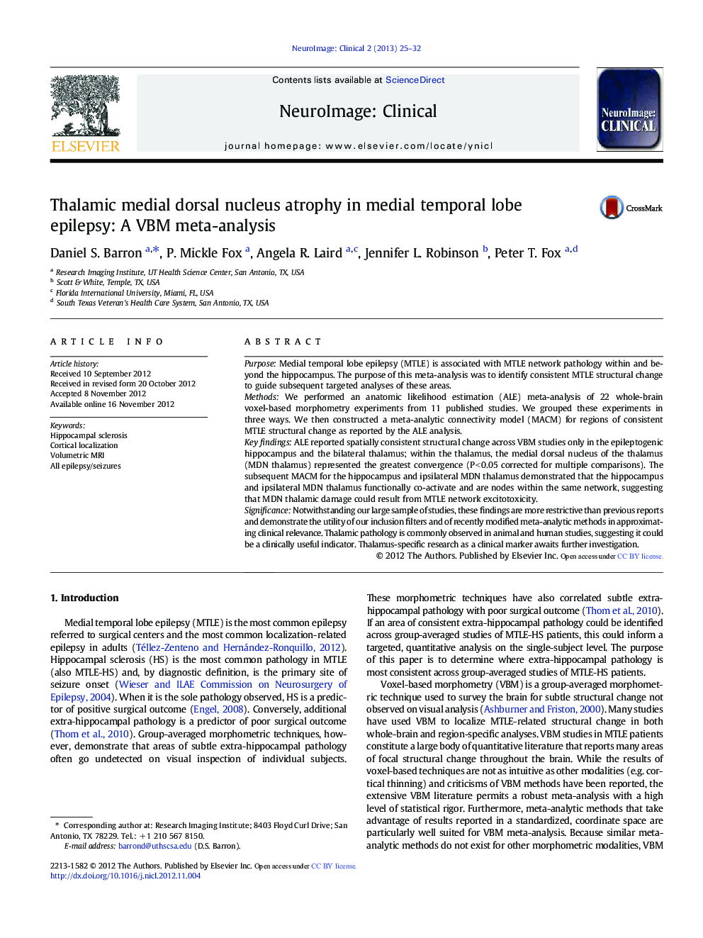 Thalamic medial dorsal nucleus atrophy in medial temporal lobe epilepsy: A VBM meta-analysis