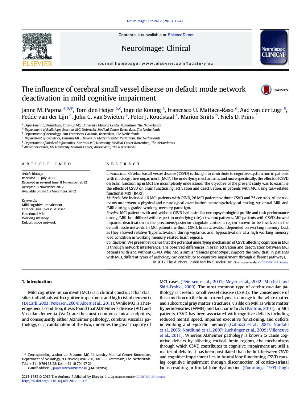 The influence of cerebral small vessel disease on default mode network deactivation in mild cognitive impairment