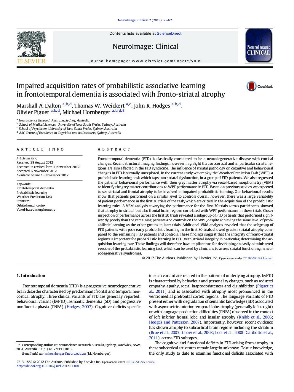 Impaired acquisition rates of probabilistic associative learning in frontotemporal dementia is associated with fronto-striatal atrophy