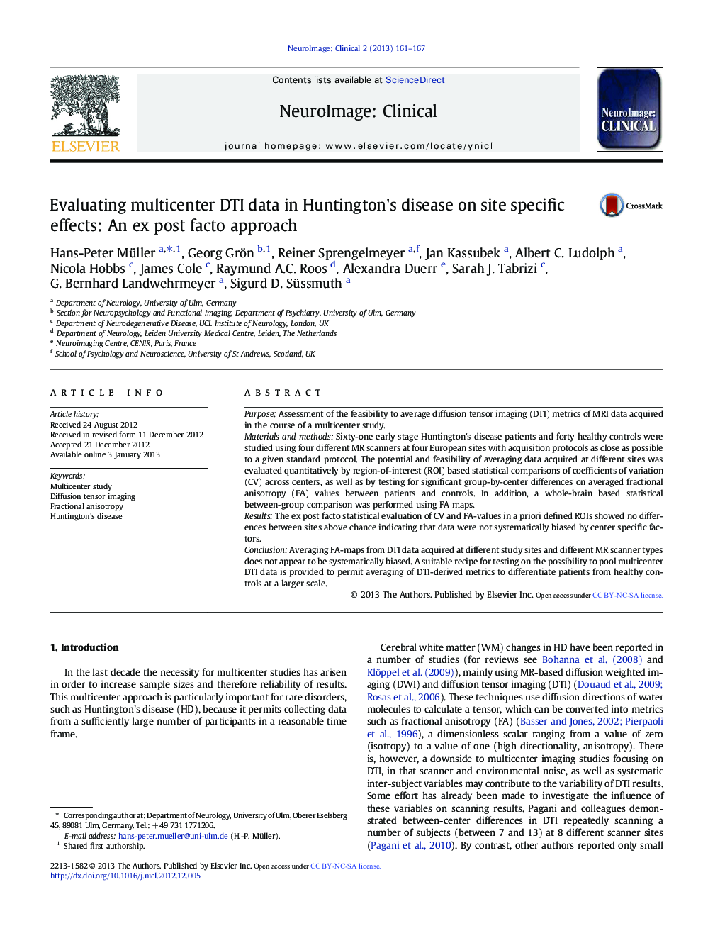 Evaluating multicenter DTI data in Huntington's disease on site specific effects: An ex post facto approach