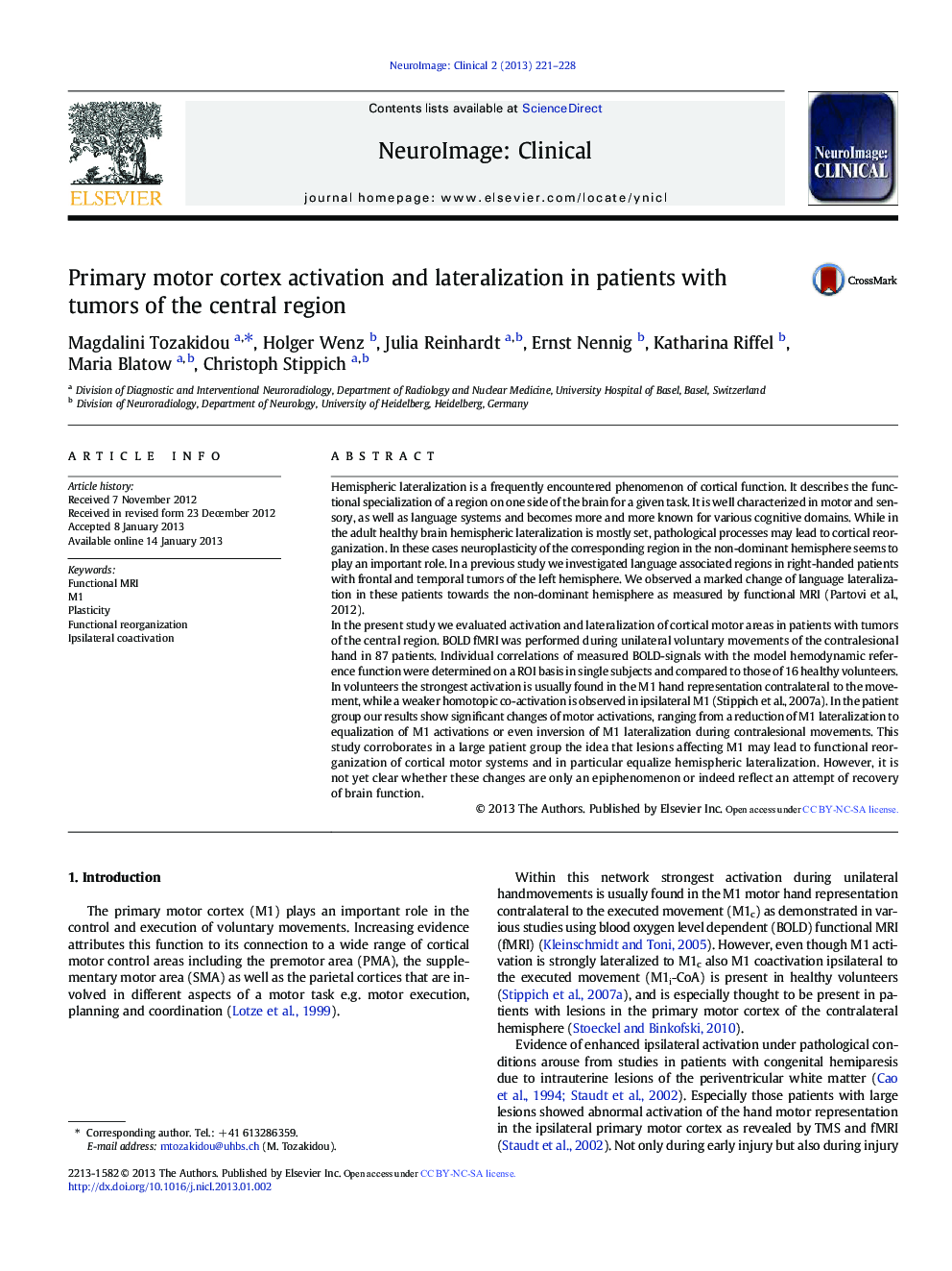 Primary motor cortex activation and lateralization in patients with tumors of the central region