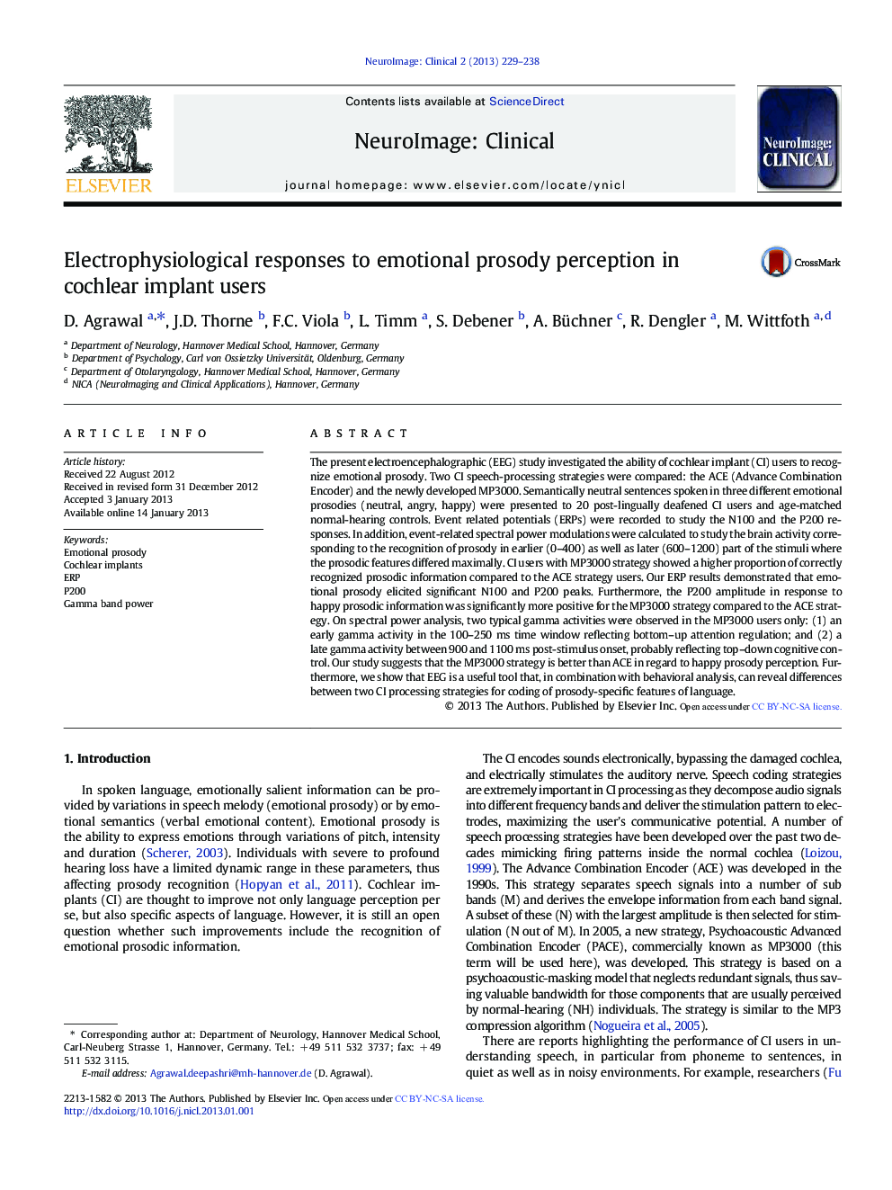 Electrophysiological responses to emotional prosody perception in cochlear implant users