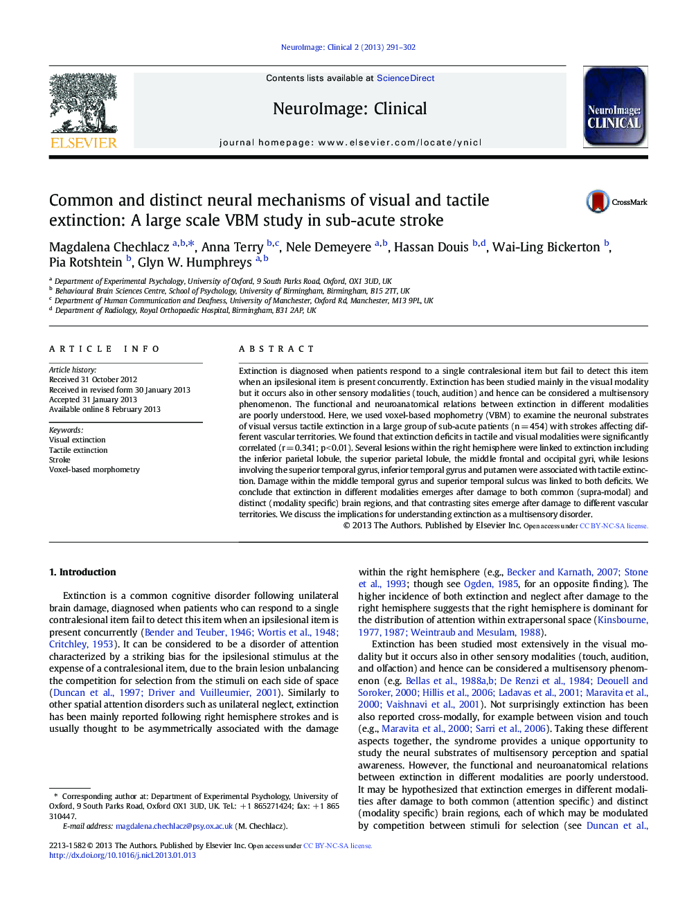 Common and distinct neural mechanisms of visual and tactile extinction: A large scale VBM study in sub-acute stroke