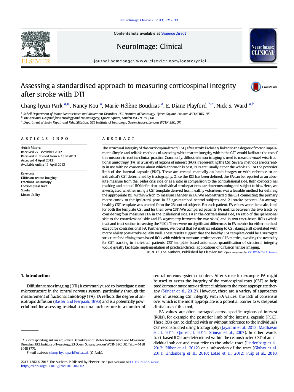 عکس صفحه اول مقاله: Assessing a standardised approach to measuring corticospinal integrity after stroke with DTI Assessing a standardised approach to measuring corticospinal integrity after stroke with DTI