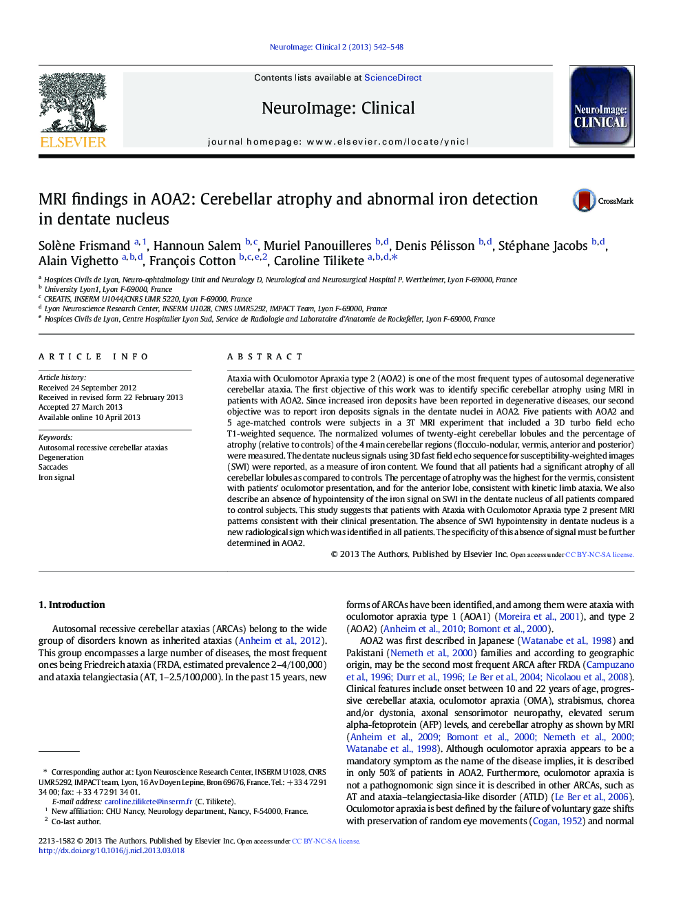 MRI findings in AOA2: Cerebellar atrophy and abnormal iron detection in dentate nucleus