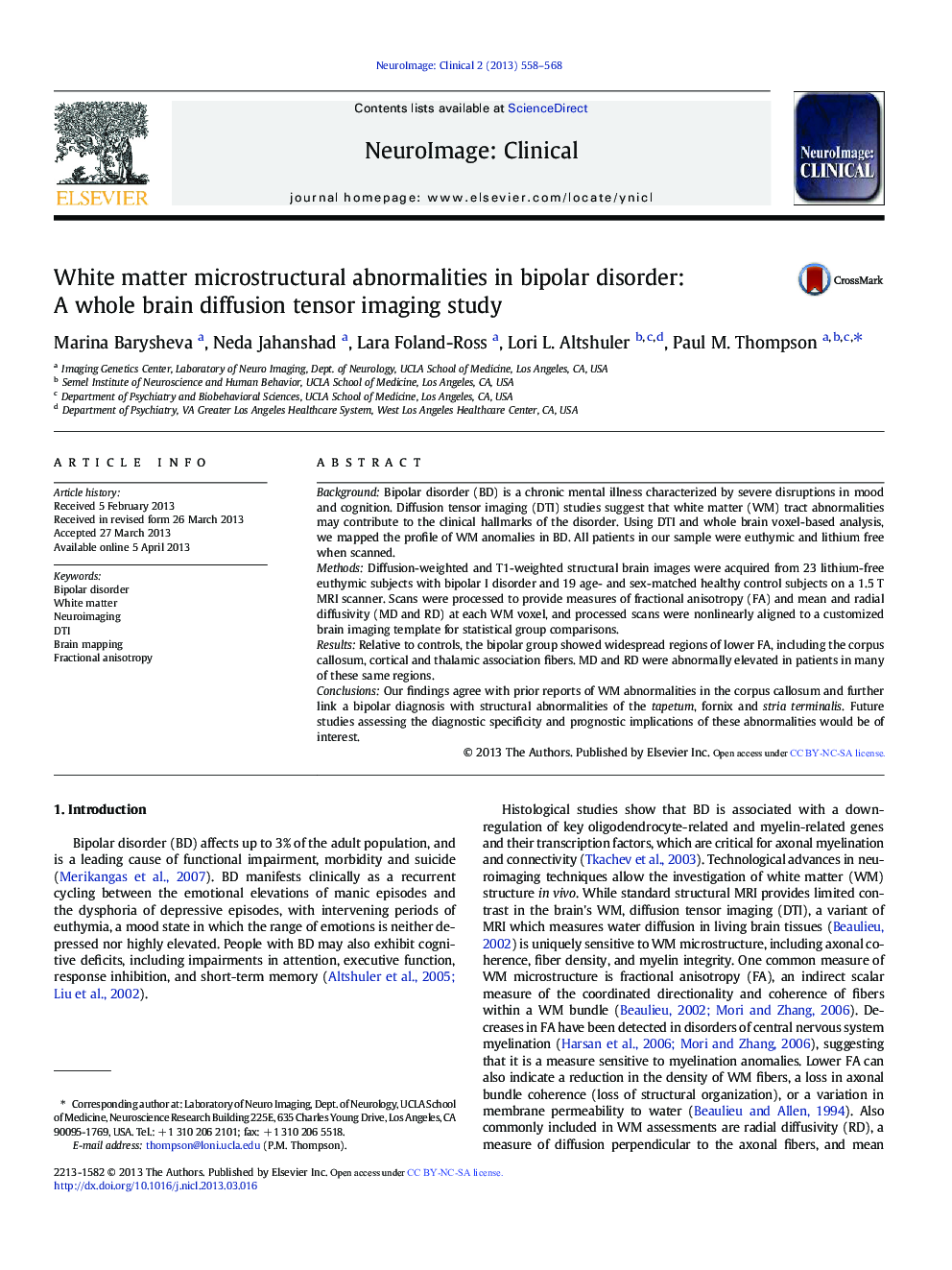 عکس صفحه اول مقاله: White matter microstructural abnormalities in bipolar disorder: A whole brain diffusion tensor imaging study White matter microstructural abnormalities in bipolar disorder: A whole brain diffusion tensor imaging study