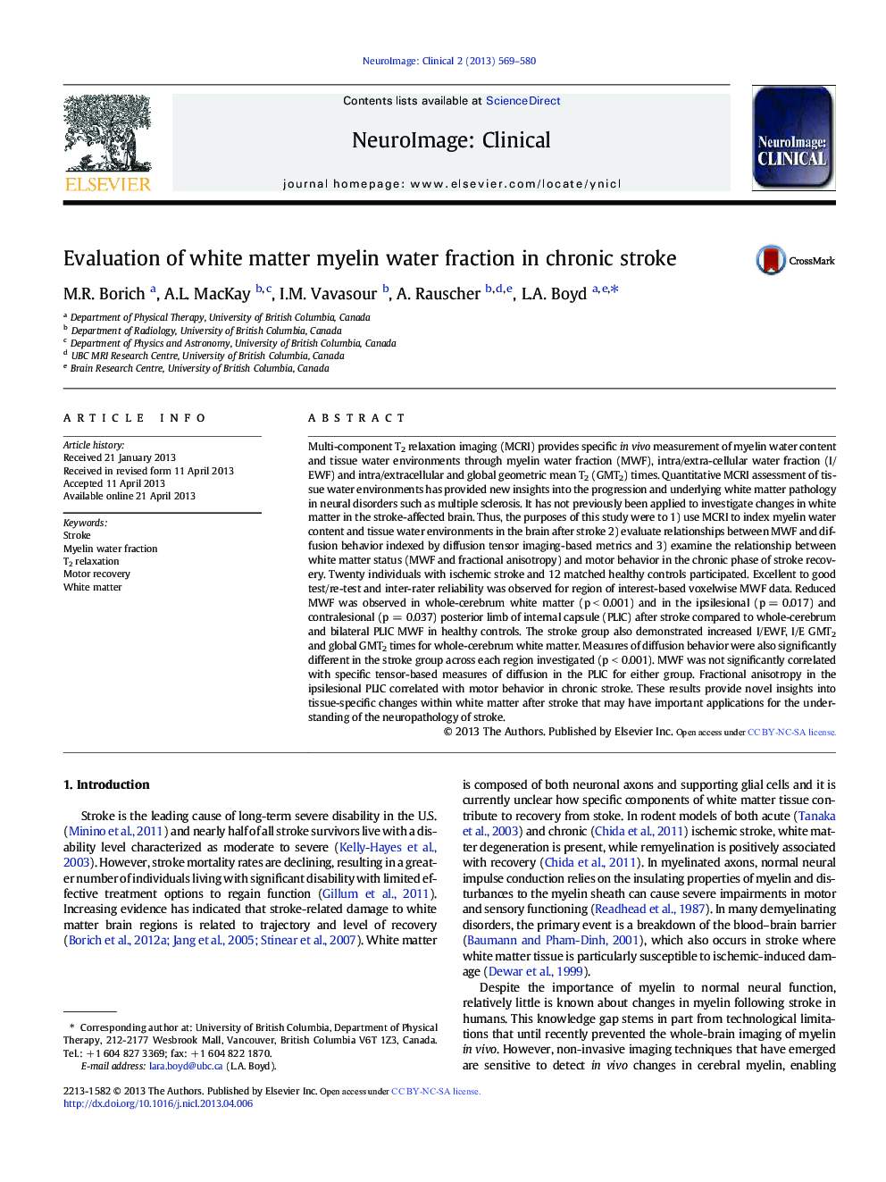 Evaluation of white matter myelin water fraction in chronic stroke