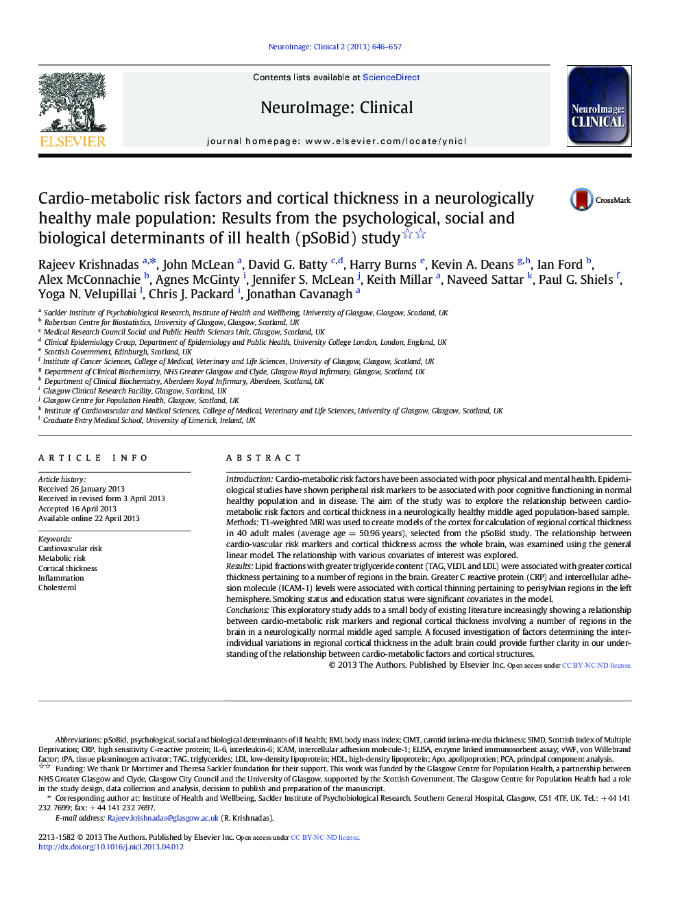 Cardio-metabolic risk factors and cortical thickness in a neurologically healthy male population: Results from the psychological, social and biological determinants of ill health (pSoBid) study 