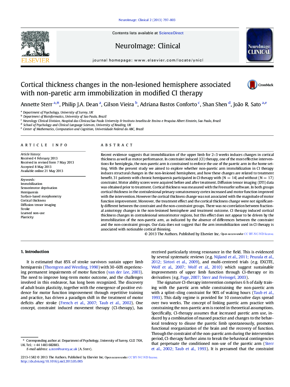 Cortical thickness changes in the non-lesioned hemisphere associated with non-paretic arm immobilization in modified CI therapy