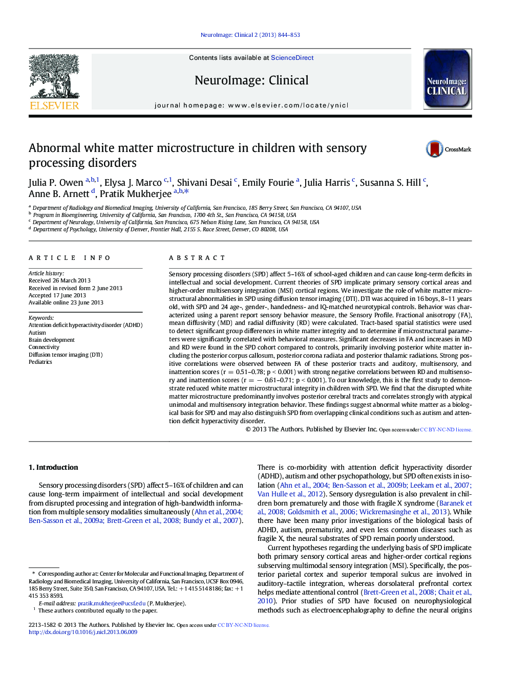Abnormal white matter microstructure in children with sensory processing disorders