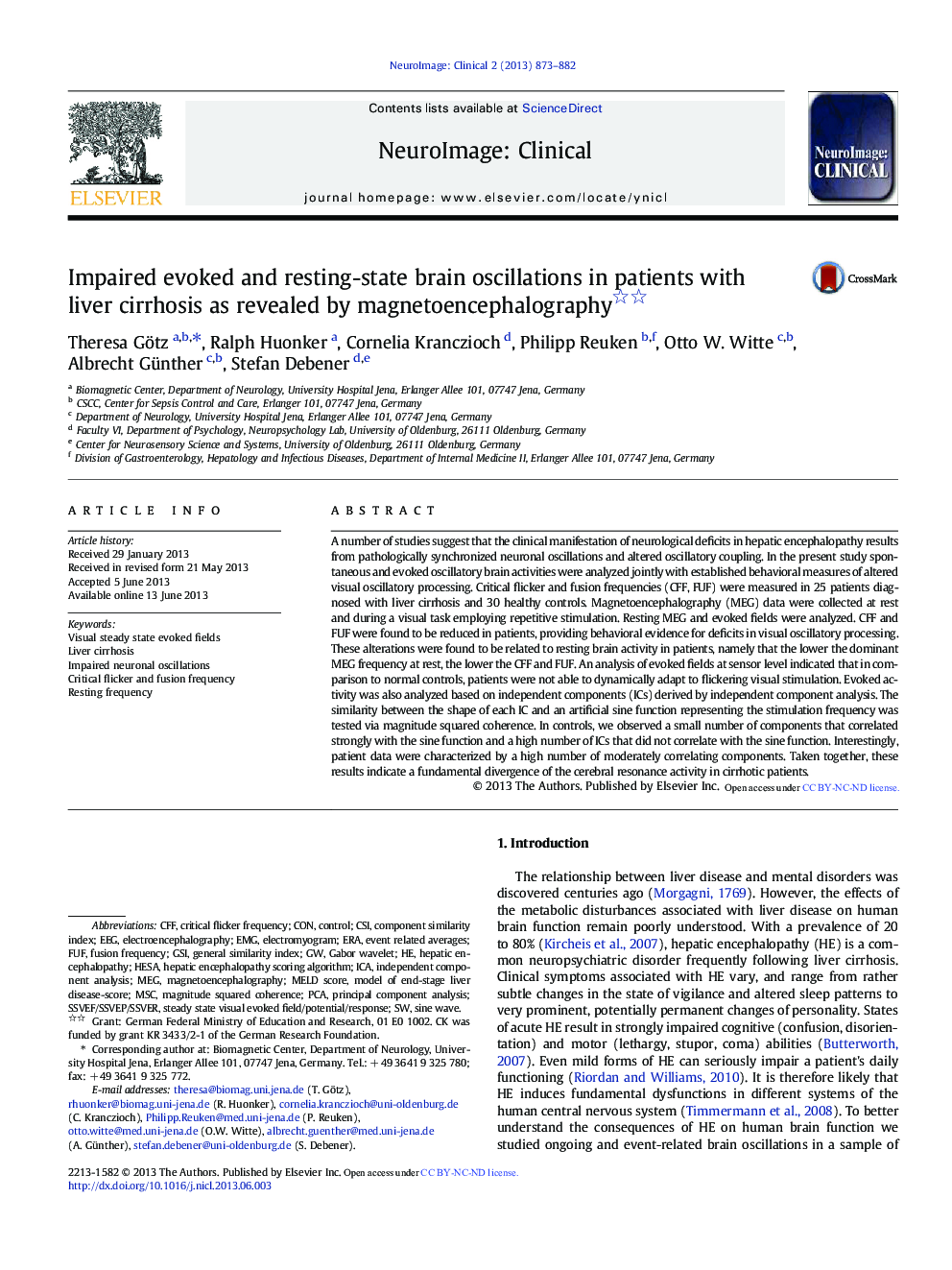 Impaired evoked and resting-state brain oscillations in patients with liver cirrhosis as revealed by magnetoencephalography 