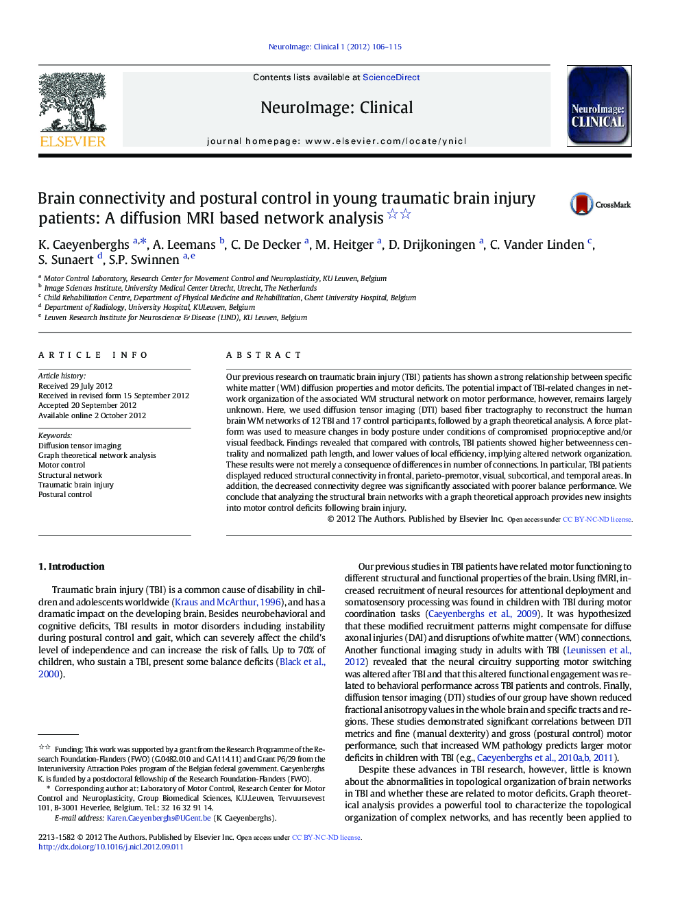 Brain connectivity and postural control in young traumatic brain injury patients: A diffusion MRI based network analysis 