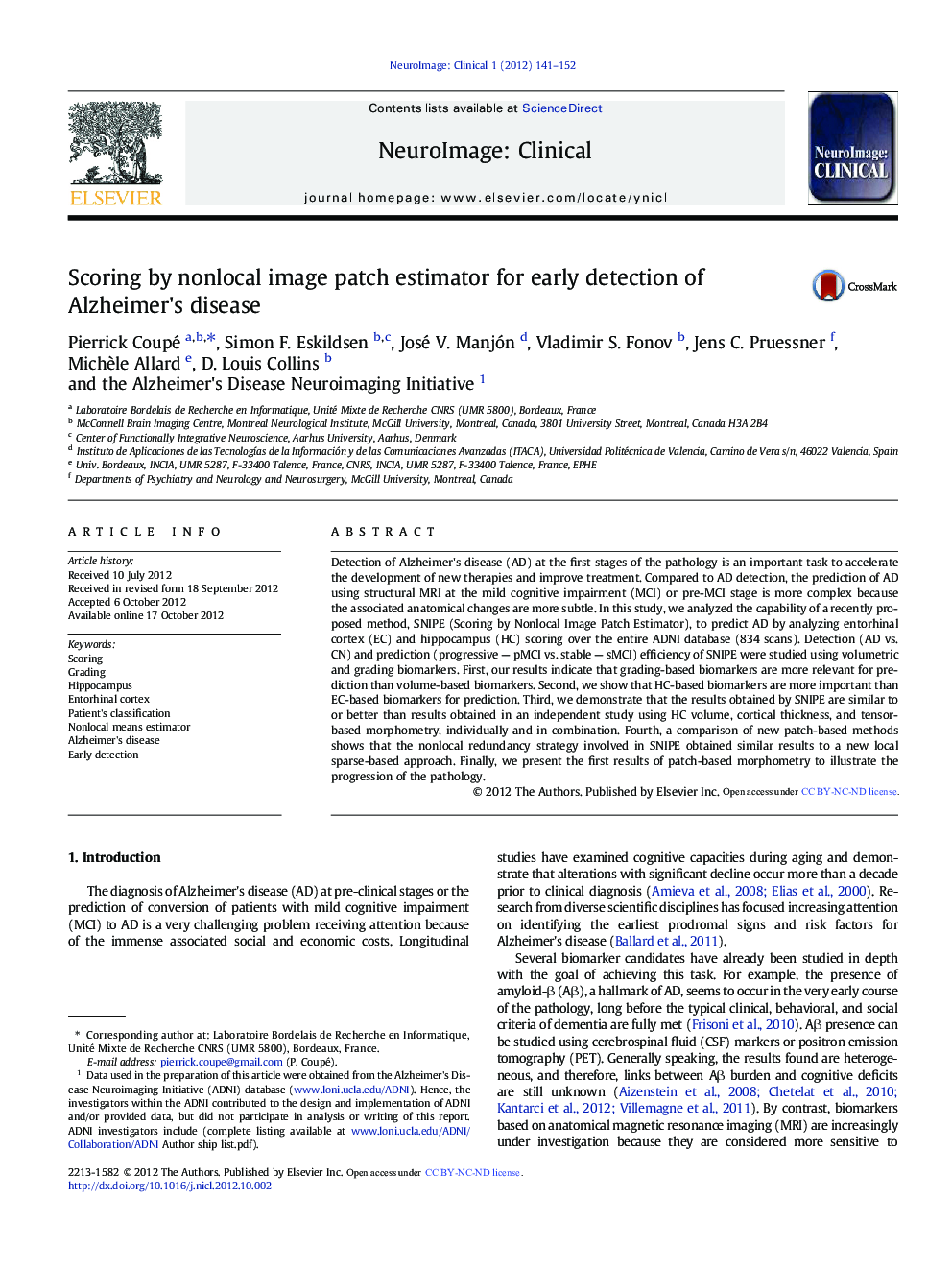 Scoring by nonlocal image patch estimator for early detection of Alzheimer's disease