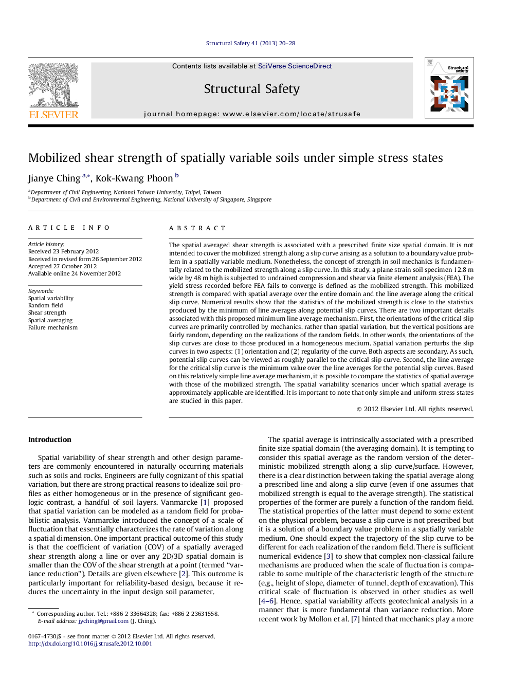 Mobilized shear strength of spatially variable soils under simple stress states