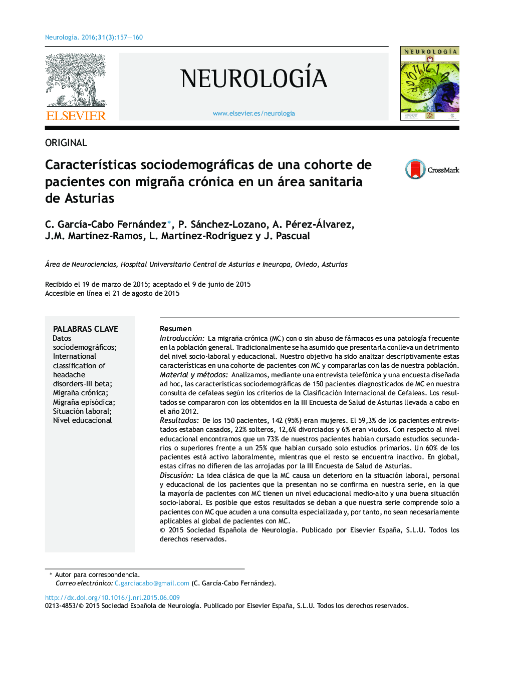 Características sociodemográficas de una cohorte de pacientes con migraña crónica en un área sanitaria de Asturias