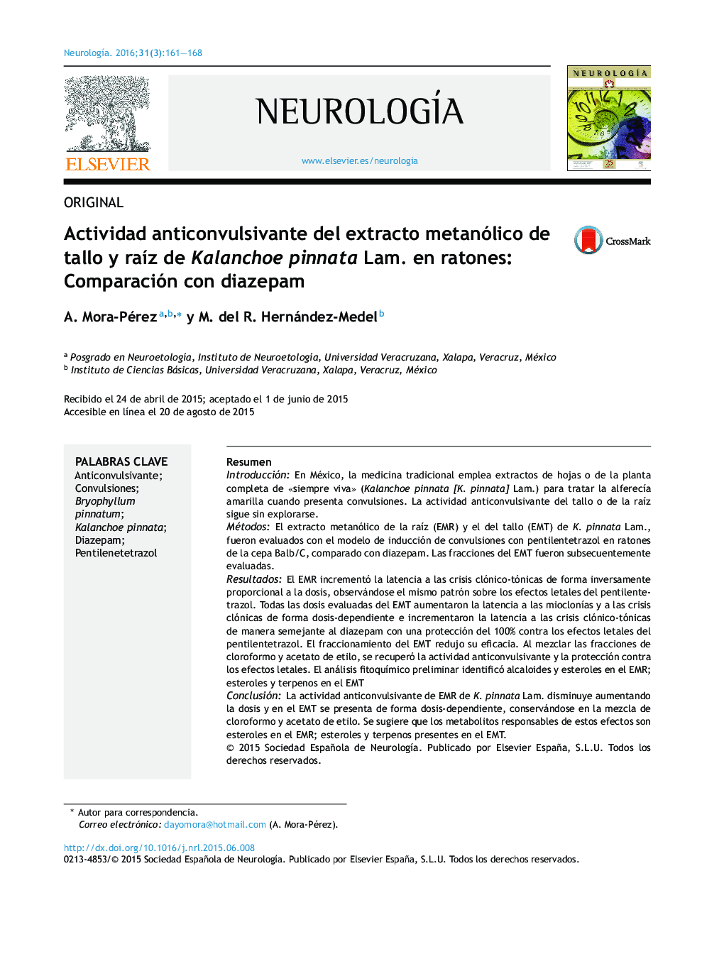 Actividad anticonvulsivante del extracto metanólico de tallo y raíz de Kalanchoe pinnata Lam. en ratones: Comparación con diazepam