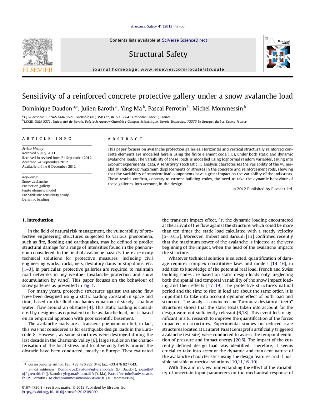 Sensitivity of a reinforced concrete protective gallery under a snow avalanche load