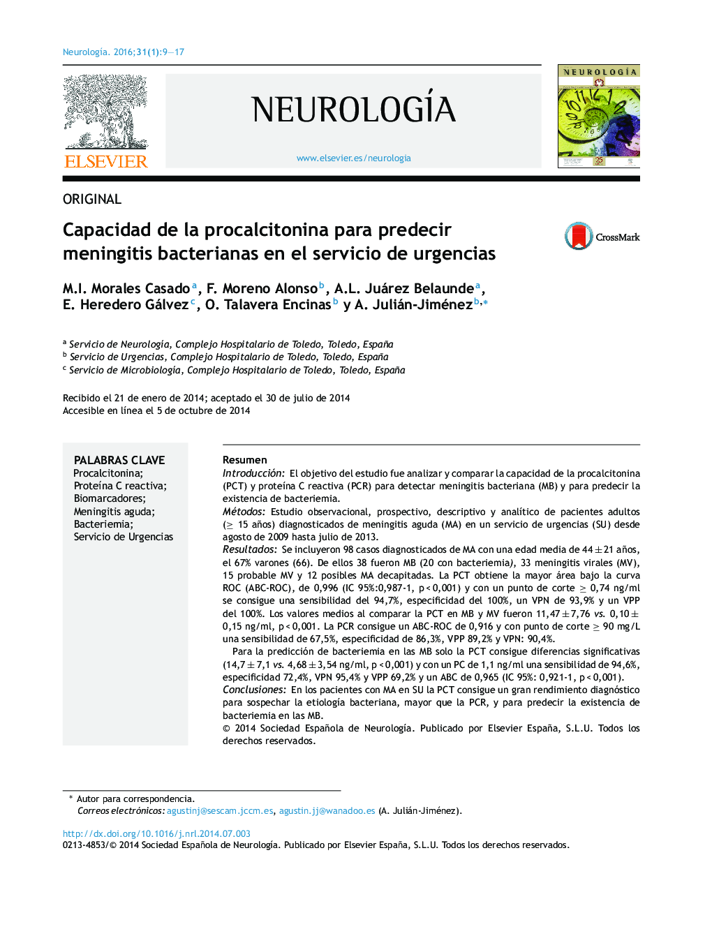 Capacidad de la procalcitonina para predecir meningitis bacterianas en el servicio de urgencias