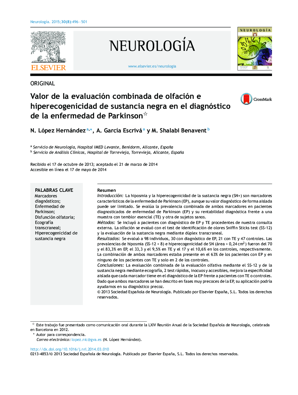 Valor de la evaluación combinada de olfación e hiperecogenicidad de sustancia negra en el diagnóstico de la enfermedad de Parkinson