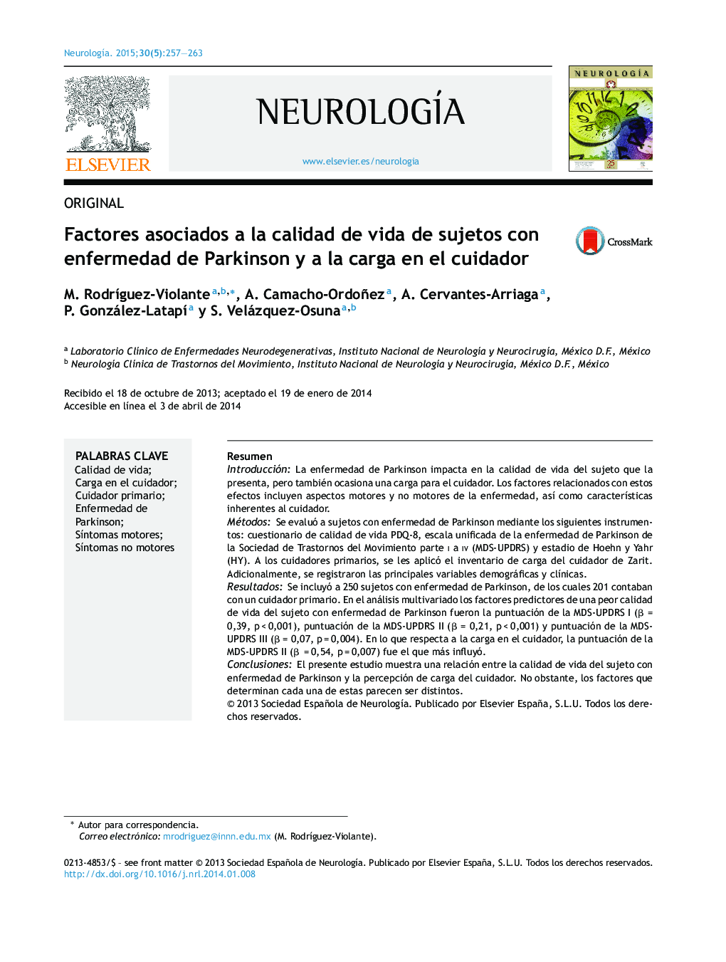 Factores asociados a la calidad de vida de sujetos con enfermedad de Parkinson y a la carga en el cuidador