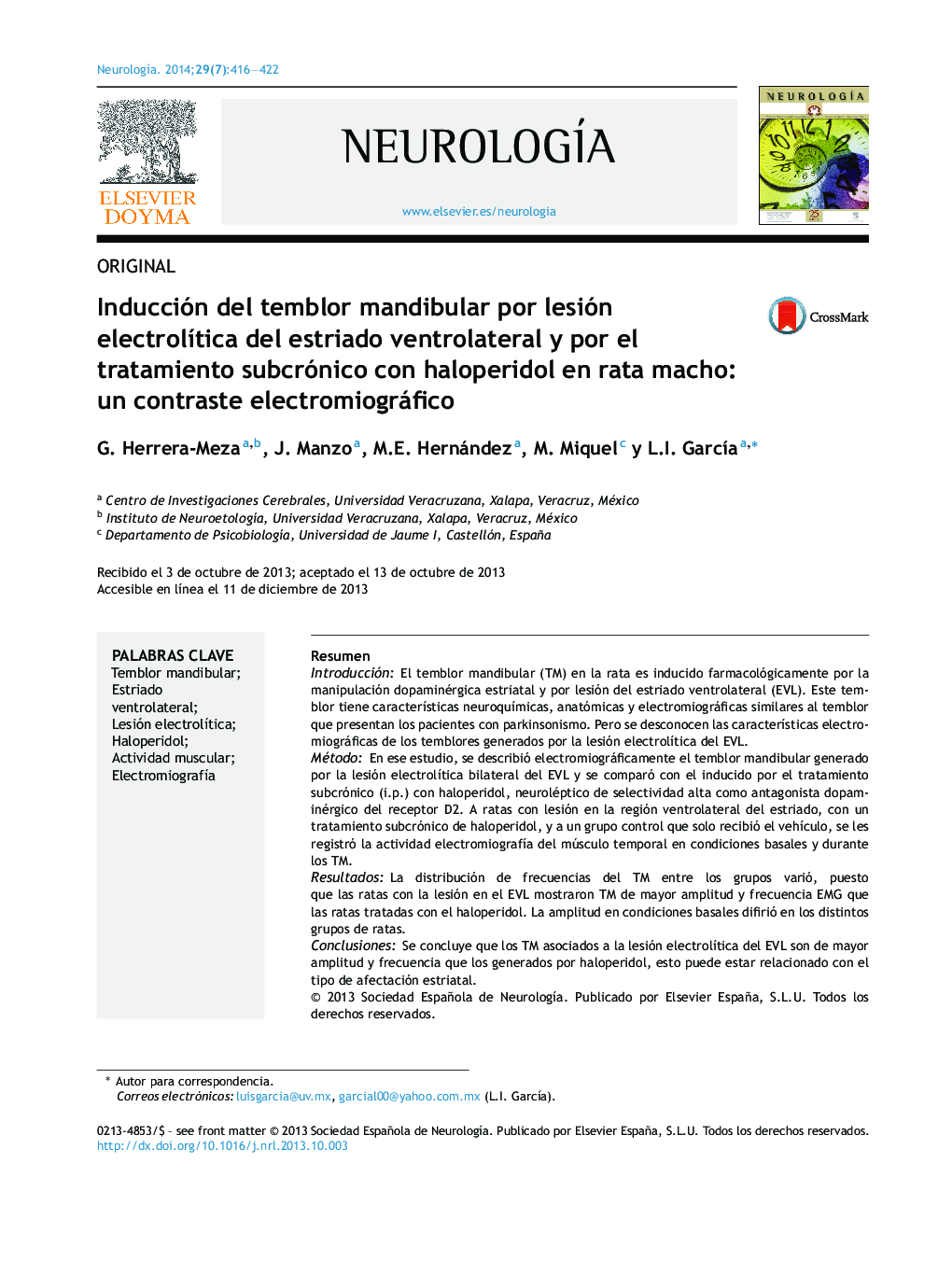 Inducción del temblor mandibular por lesión electrolítica del estriado ventrolateral y por el tratamiento subcrónico con haloperidol en rata macho: un contraste electromiográfico