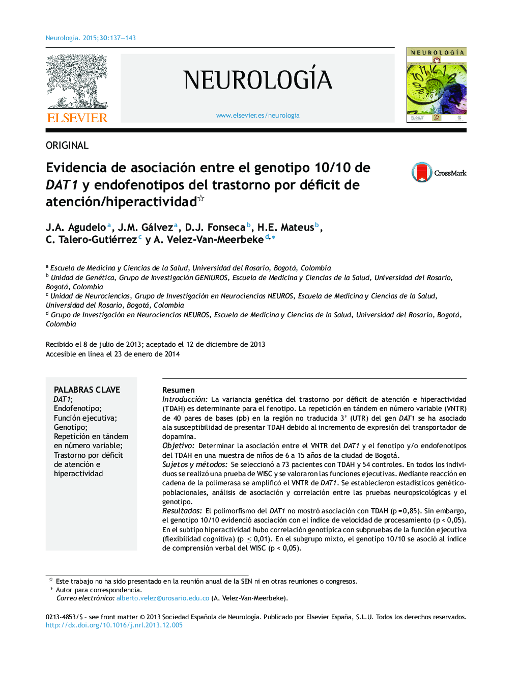 Evidencia de asociación entre el genotipo 10/10 de DAT1 y endofenotipos del trastorno por déficit de atención/hiperactividad