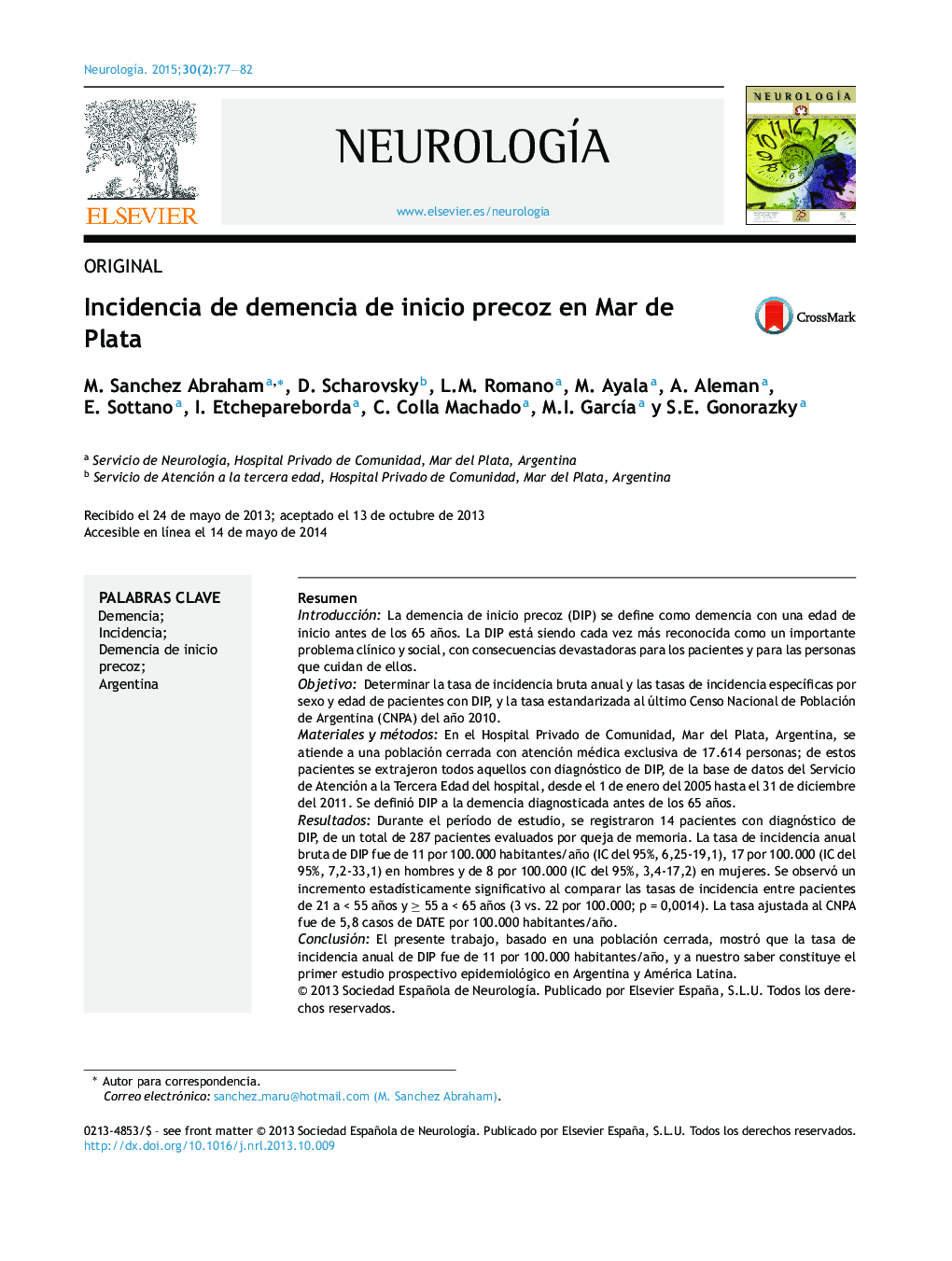 Incidencia de demencia de inicio precoz en Mar de Plata