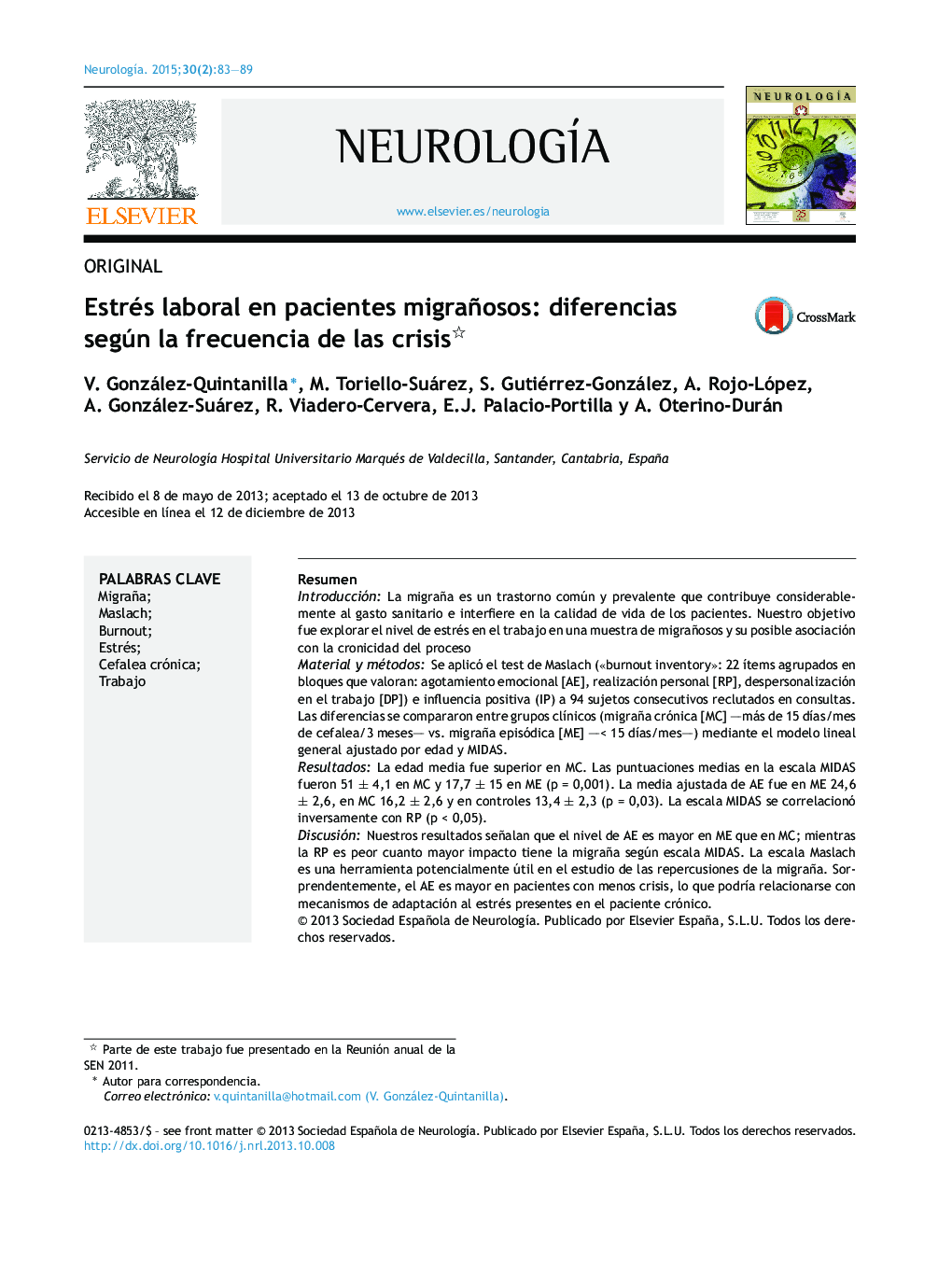 Estrés laboral en pacientes migrañosos: diferencias según la frecuencia de las crisis 