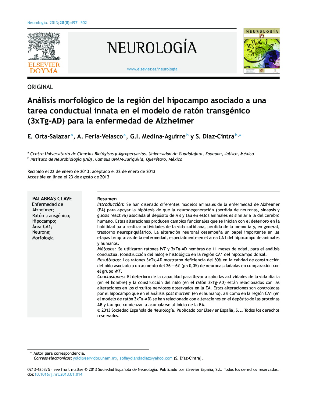 Análisis morfológico de la región del hipocampo asociado a una tarea conductual innata en el modelo de ratón transgénico (3xTg-AD) para la enfermedad de Alzheimer